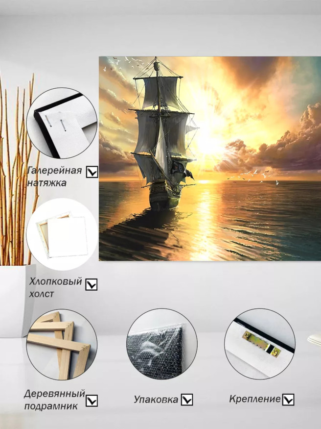 Постер на холсте &amp;quot;Парусник на закате солнца&amp;quot;