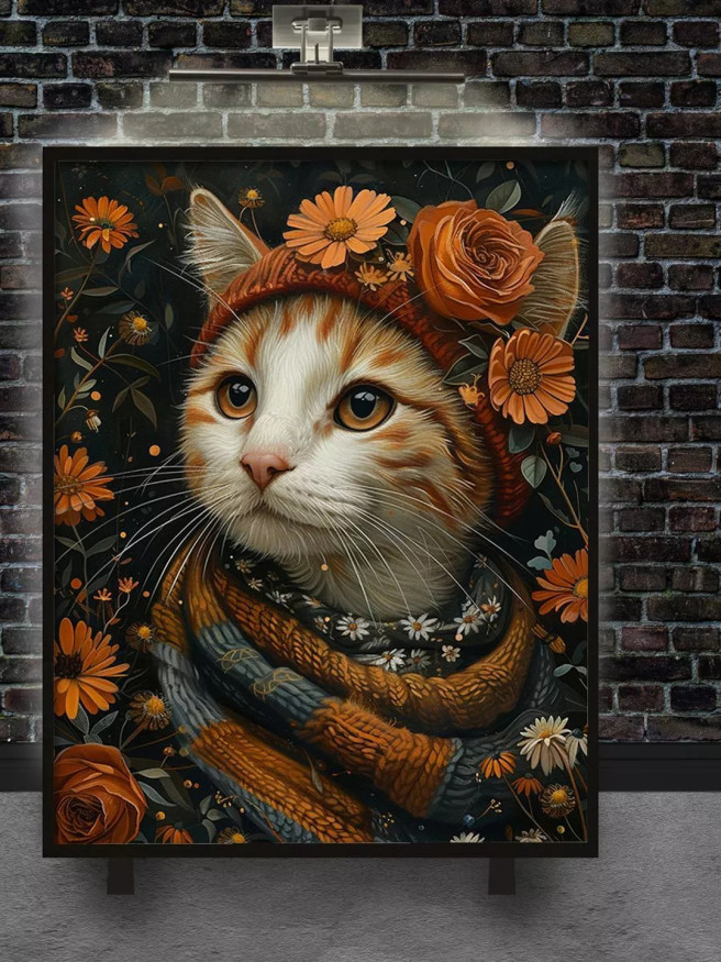 Holstga bosilgan poster &amp;quot;Sharf va qalpoqdagi gullar bilan mushuk&amp;quot;