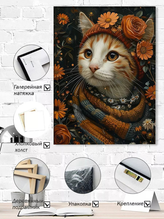 Holstga bosilgan poster &amp;quot;Sharf va qalpoqdagi gullar bilan mushuk&amp;quot;