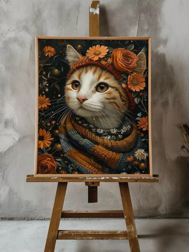 Holstga bosilgan poster &amp;quot;Sharf va qalpoqdagi gullar bilan mushuk&amp;quot;