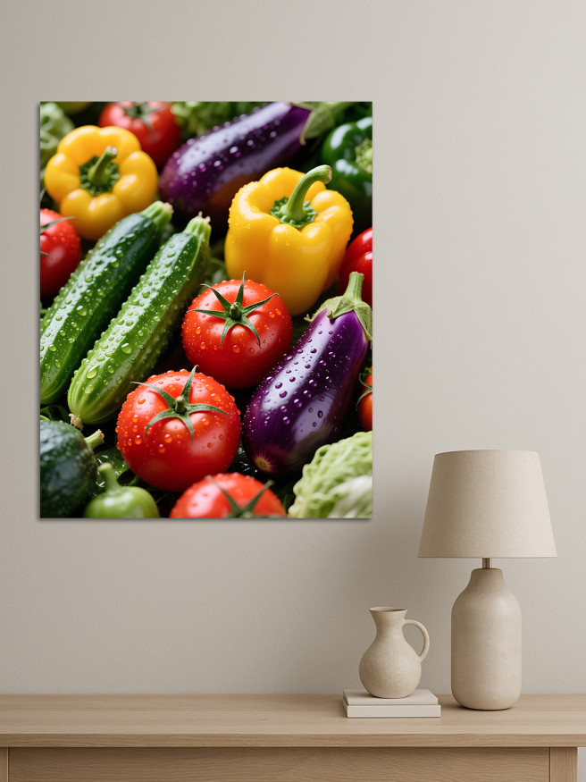 Holstga bosilgan poster &amp;quot;Shabnam tomchilari bilan yangi sabzavotlar&amp;quot;