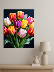 Постер на холсте &amp;quot;Разноцветные тюльпаны с каплями росы&amp;quot;