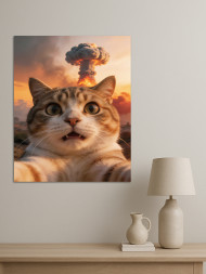 Holstga bosilgan poster "Portlash fonidagi mushuk"