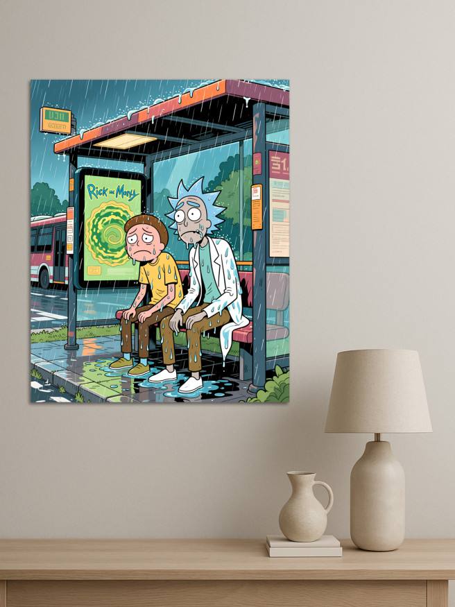 Постер на холсте &amp;quot;Рик и Морти на остановке под дождём&amp;quot;