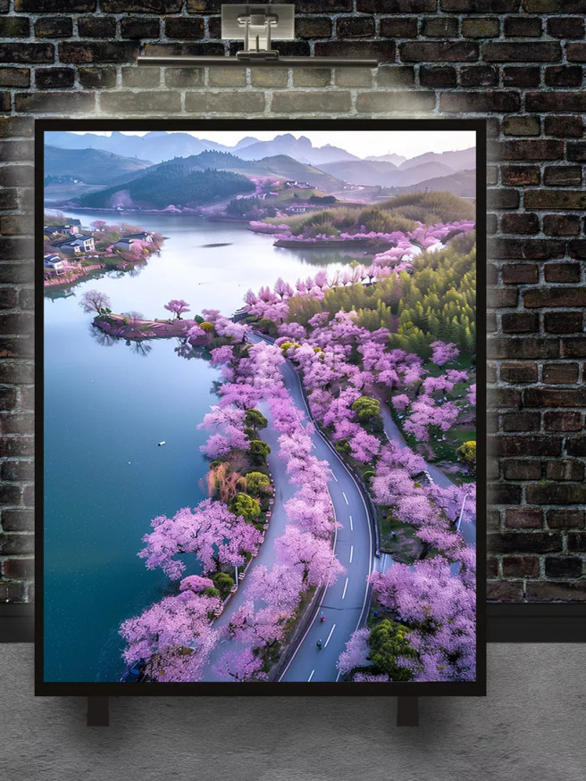 Постер на холсте &amp;quot;Весенняя дорога вдоль цветущей реки&amp;quot;