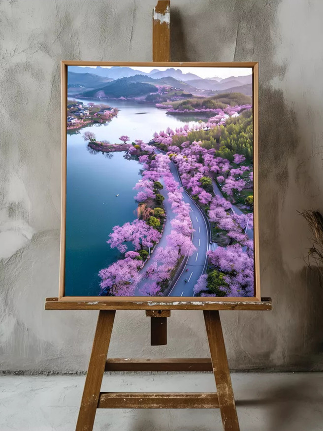 Постер на холсте &amp;quot;Весенняя дорога вдоль цветущей реки&amp;quot;