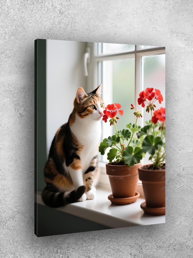 Постер на холсте &amp;quot;Кошка у окна с цветами&amp;quot;