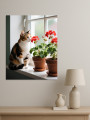 Постер на холсте &amp;quot;Кошка у окна с цветами&amp;quot;
