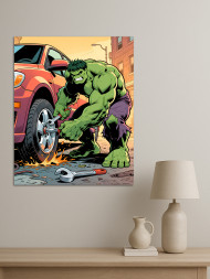 Holstga bosilgan poster &quot;Halk mashina g‘ildiragini tuzatmoqda&quot;