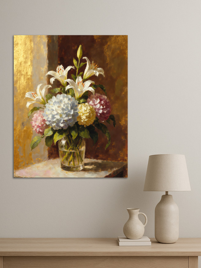 Постер на холсте &amp;quot;Лилии и гортензии в вазе&amp;quot;