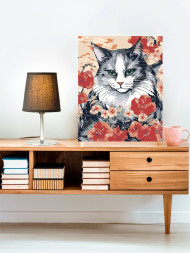 Raqamlar bo&#039;yicha rasm &quot;Gullar bilan yashil ko&#039;zli mushuk&quot;