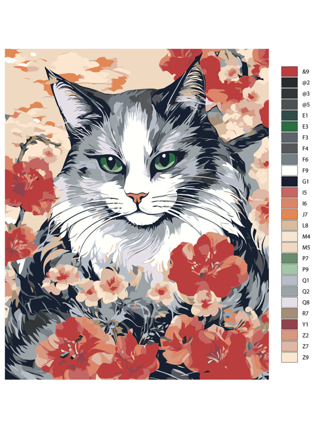 Raqamlar bo&amp;#039;yicha rasm &amp;quot;Gullar bilan yashil ko&amp;#039;zli mushuk&amp;quot;