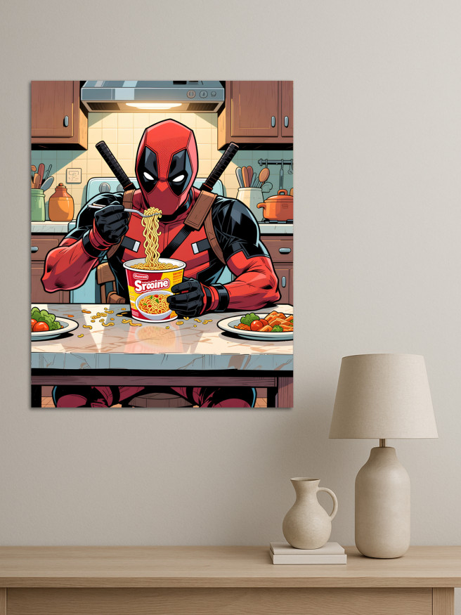 Постер на холсте &amp;quot;Дэдпул с лапшой в кухне&amp;quot;