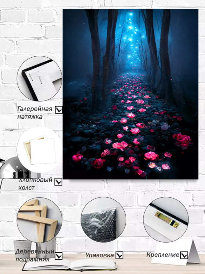 Постер на холсте &amp;quot;Тропинка из роз в лунном лесу&amp;quot;