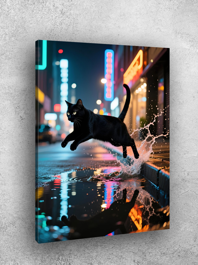 Постер на холсте &amp;quot;Чёрный кот и городские огни&amp;quot;