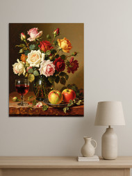 Постер на холсте &amp;quot;Розы, яблоки и бокал вина&amp;quot;