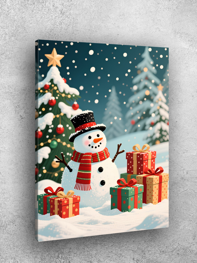 Постер на холсте &amp;quot;Снеговик и подарки под ёлкой&amp;quot;