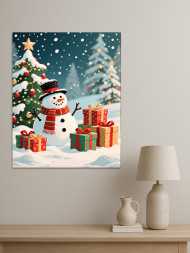 Постер на холсте "Снеговик и подарки под ёлкой"