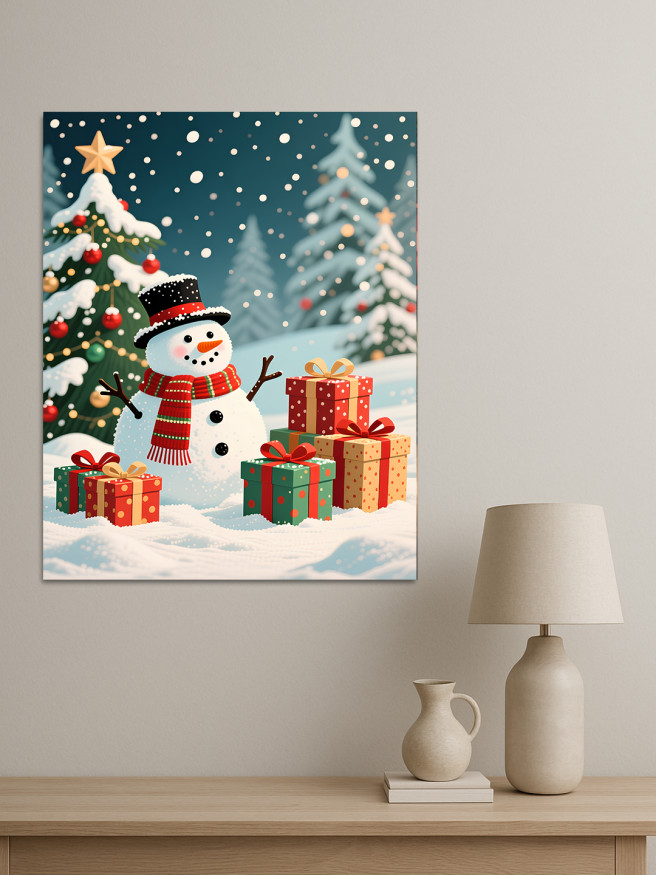Постер на холсте &amp;quot;Снеговик и подарки под ёлкой&amp;quot;