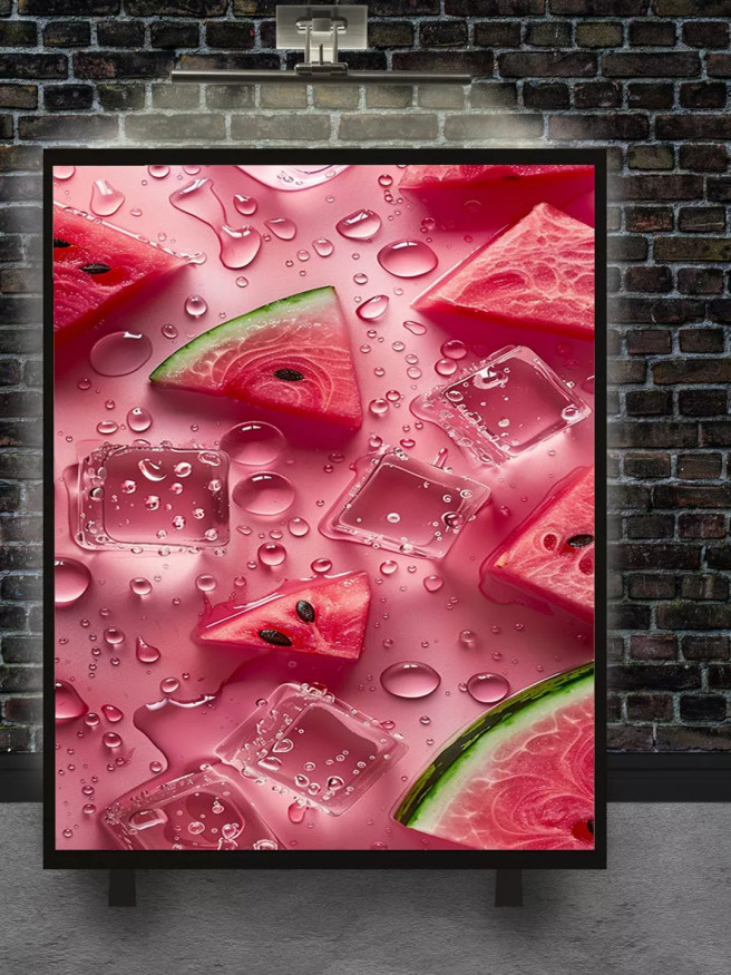 Постер на холсте &amp;quot;Арбуз и лёд на розовом фоне&amp;quot;