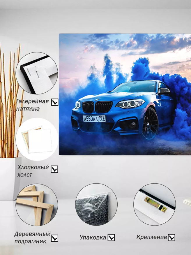 Постер на холсте &amp;quot;Синий BMW в дыму&amp;quot;