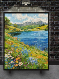 Holstga bosilgan poster &quot;Ko‘l boʻyidagi gullagan sohil&quot;