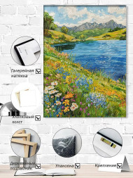 Holstga bosilgan poster &quot;Ko‘l boʻyidagi gullagan sohil&quot;