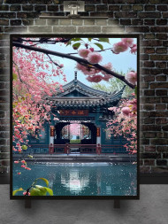 Holstga bosilgan poster &quot;Sharqona darvoza oldidagi gullagan sakura&quot;