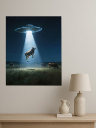 Holstga bosilgan poster "NLO nuri ostidagi sigir"