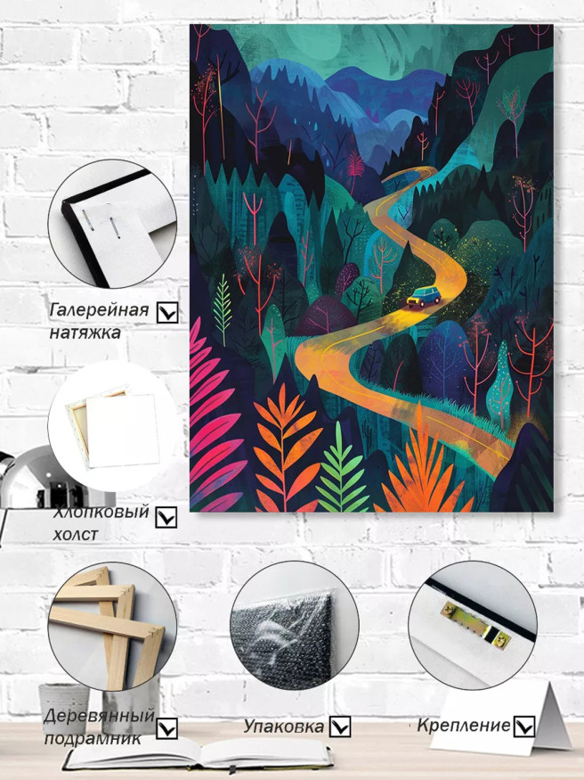 Постер на холсте &amp;quot;Ночная дорога через сказочный лес&amp;quot;