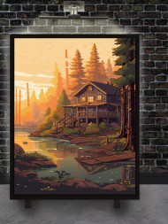Holstga bosilgan poster "O‘rmon daryosi bo‘yidagi uy"