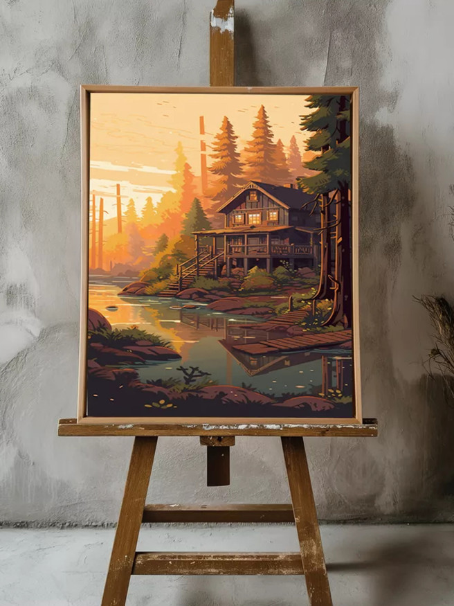 Постер на холсте &amp;quot;Дом у лесной реки&amp;quot;