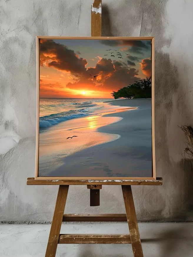 Holstga bosilgan poster &amp;quot;Yolg‘iz plyajdagi quyosh botishi&amp;quot;