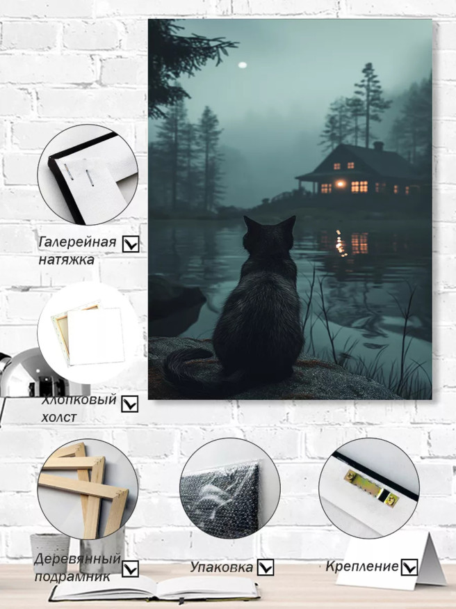 Постер на холсте &amp;quot;Кот у озера в лунную ночь&amp;quot;