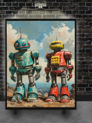 Holstga bosilgan poster "Sohilda retro robotlar"