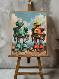 Holstga bosilgan poster "Sohilda retro robotlar"