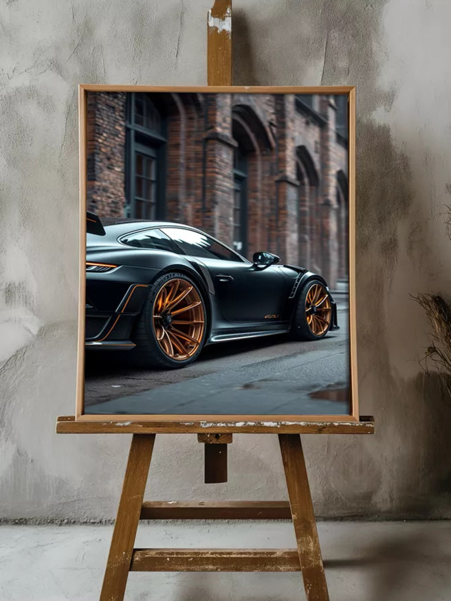 Постер на холсте &amp;quot;Чёрный спорткар у кирпичной стены&amp;quot;