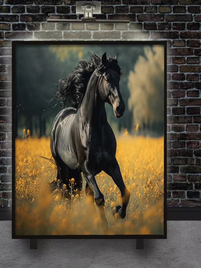 Постер на холсте &amp;quot;Чёрный жеребец на жёлтом поле&amp;quot;