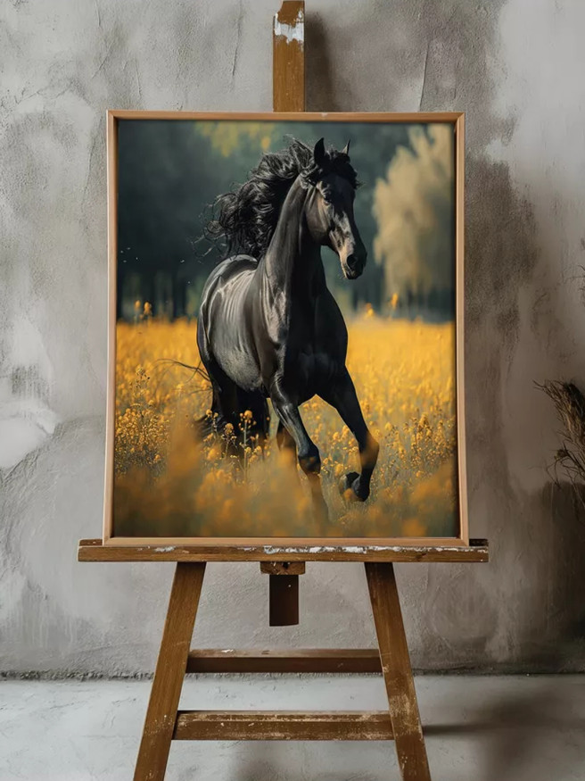 Постер на холсте &amp;quot;Чёрный жеребец на жёлтом поле&amp;quot;