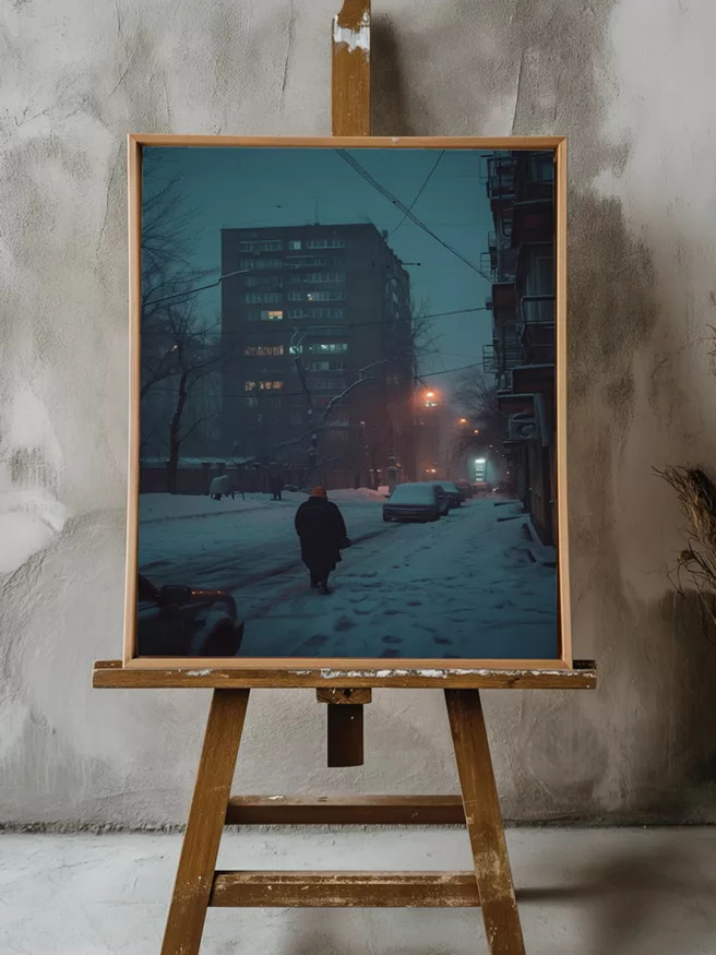 Holstga bosilgan poster &amp;quot;Qorli kechadagi uy mahallasi&amp;quot;