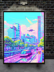 Holstga bosilgan poster "Uchuvchi transportli kelajak shahri"