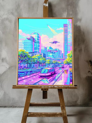 Holstga bosilgan poster "Uchuvchi transportli kelajak shahri"