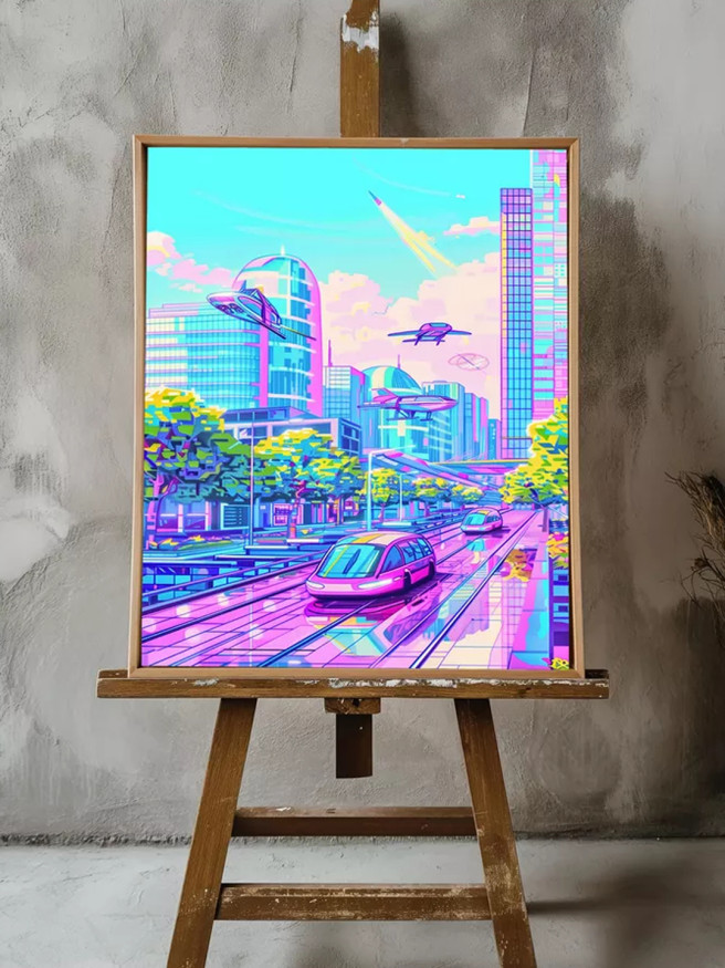 Holstga bosilgan poster &amp;quot;Uchuvchi transportli kelajak shahri&amp;quot;