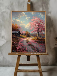 Holstga bosilgan poster &quot;Pushti daraxtlar ostidagi kuzgi yo‘l&quot;