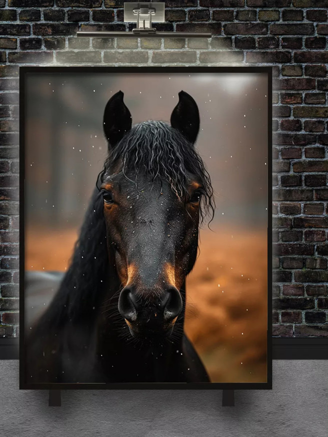 Постер на холсте &amp;quot;Чёрный жеребец в зимних лучах&amp;quot;