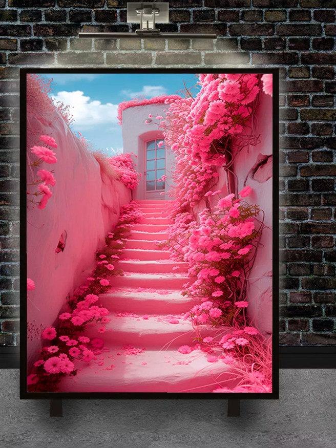 Постер на холсте &amp;quot;Розовая лестница в цветах&amp;quot;