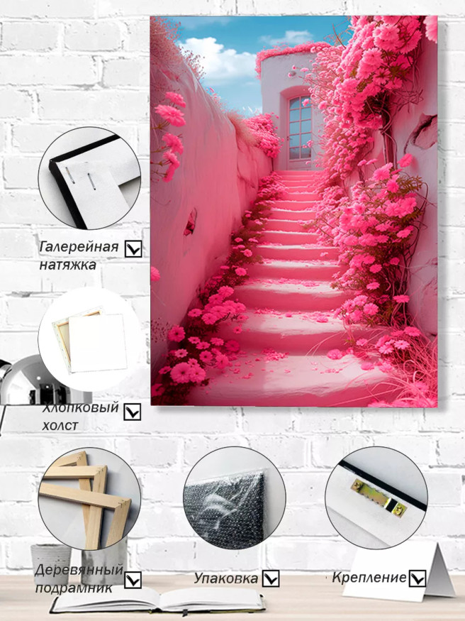 Постер на холсте &amp;quot;Розовая лестница в цветах&amp;quot;
