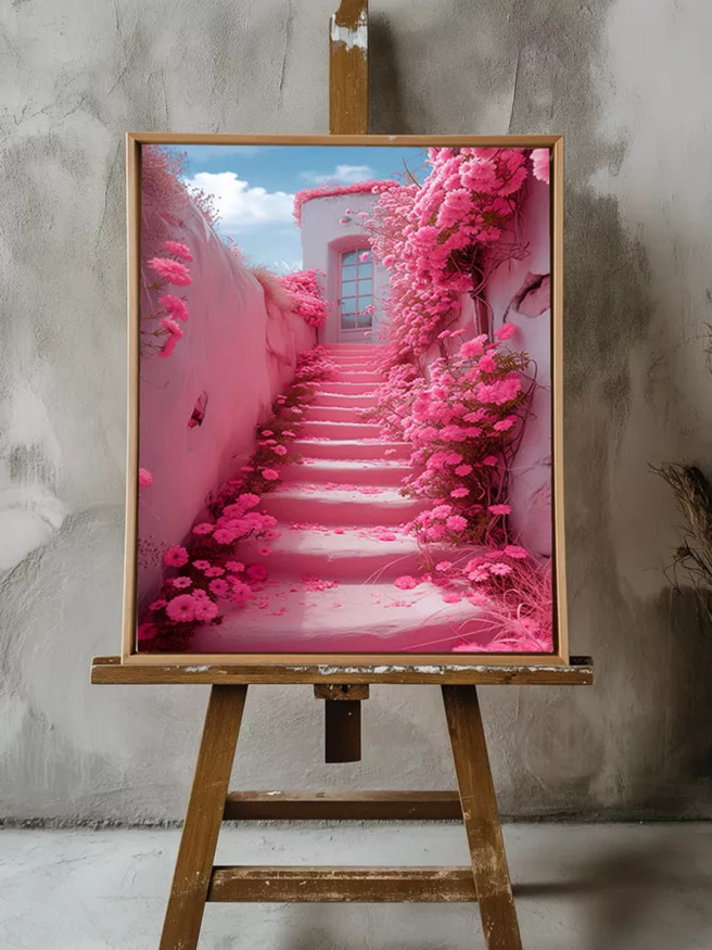 Постер на холсте &amp;quot;Розовая лестница в цветах&amp;quot;