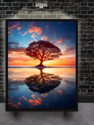 Holstga bosilgan poster &quot;Quyosh botishidagi yakka daraxt&quot;