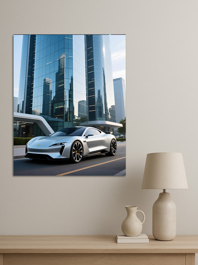 Постер на холсте &amp;quot;Электрокар у стеклянных небоскрёбов&amp;quot;
